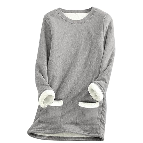 SPSMOKH Damen-Pullover mit Fleece-Futter, Winter, warmes Damen-Sweatshirt mit Tasche, einfarbig, Plüschpullover, Pullover, lässig, dicker Samt, kariertes Fleece-Oberteil (Grau, M) von SPSMOKH