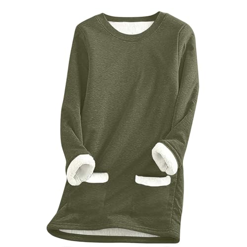 SPSMOKH Damen-Pullover mit Fleece-Futter, Winter, warmes Damen-Sweatshirt mit Tasche, einfarbiger Plüschpullover, Pullover, lässiger dicker Samt, kariertes Fleece-Oberteil (Armeegrün-1, XXL) von SPSMOKH