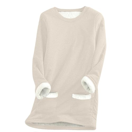 SPSMOKH Damen-Pullover mit Fleece-Futter, Winter, warmes Damen-Sweatshirt mit Tasche, einfarbiger Plüschpullover, Pullover, lässiger dicker Samt, kariertes Fleece-Oberteil (Beige-1, M) von SPSMOKH