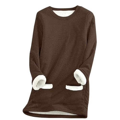 SPSMOKH Damen-Pullover mit Fleece-Futter, Winter, warmes Damen-Sweatshirt mit Tasche, einfarbiger Plüschpullover, Pullover, lässiger dicker Samt, kariertes Fleece-Oberteil (Braun-1, L) von SPSMOKH