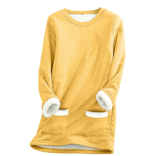 SPSMOKH Damen-Pullover mit Fleece-Futter, Winter, warmes Damen-Sweatshirt mit Tasche, einfarbiger Plüschpullover, Pullover, lässiger dicker Samt, kariertes Fleece-Oberteil (Gelb, L) von SPSMOKH
