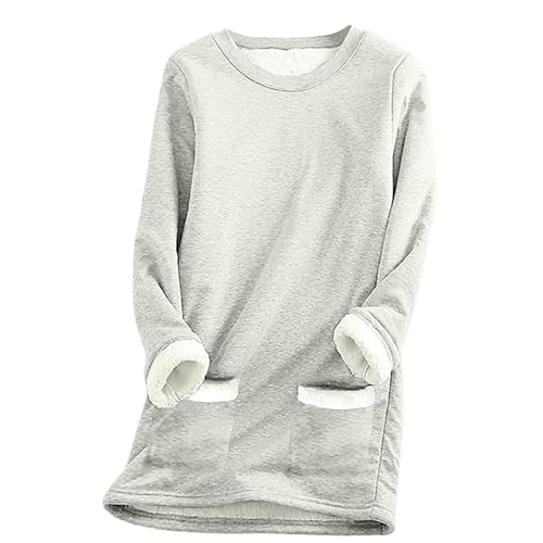 SPSMOKH Damen-Pullover mit Fleece-Futter, Winter, warmes Damen-Sweatshirt mit Tasche, einfarbiger Plüschpullover, Pullover, lässiger dicker Samt, kariertes Fleece-Oberteil (Grau, M) von SPSMOKH