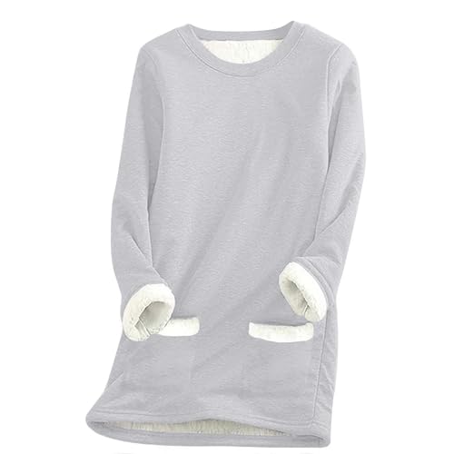 SPSMOKH Damen-Pullover mit Fleece-Futter, Winter, warmes Damen-Sweatshirt mit Tasche, einfarbiger Plüschpullover, Pullover, lässiger dicker Samt, kariertes Fleece-Oberteil (Grau-2, L) von SPSMOKH