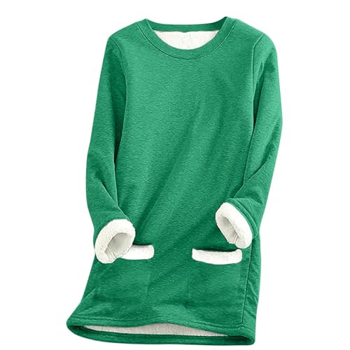 SPSMOKH Damen-Pullover mit Fleece-Futter, Winter, warmes Damen-Sweatshirt mit Tasche, einfarbiger Plüschpullover, Pullover, lässiger dicker Samt, kariertes Fleece-Oberteil (Grün, L) von SPSMOKH