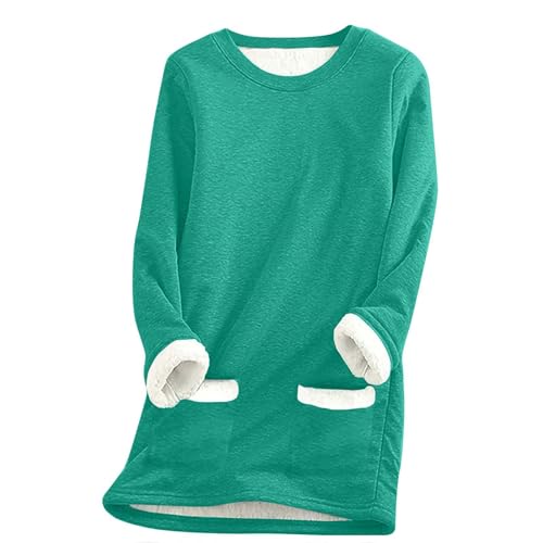 SPSMOKH Damen-Pullover mit Fleece-Futter, Winter, warmes Damen-Sweatshirt mit Tasche, einfarbiger Plüschpullover, Pullover, lässiger dicker Samt, kariertes Fleece-Oberteil (Grün-2, L) von SPSMOKH