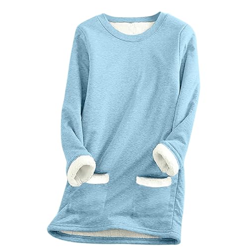 SPSMOKH Damen-Pullover mit Fleece-Futter, Winter, warmes Damen-Sweatshirt mit Tasche, einfarbiger Plüschpullover, Pullover, lässiger dicker Samt, kariertes Fleece-Oberteil (Hellblau, XXL) von SPSMOKH