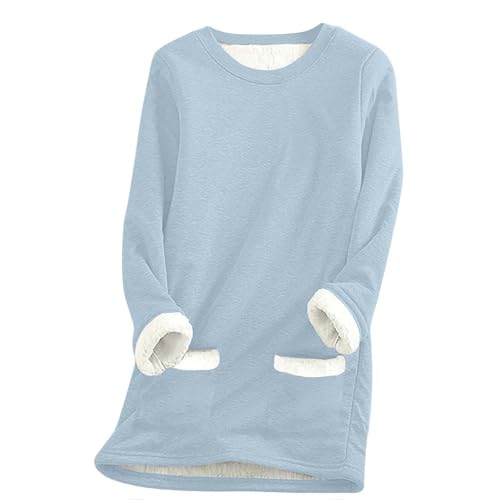 SPSMOKH Damen-Pullover mit Fleece-Futter, Winter, warmes Damen-Sweatshirt mit Tasche, einfarbiger Plüschpullover, Pullover, lässiger dicker Samt, kariertes Fleece-Oberteil (Hellblau-2, L) von SPSMOKH