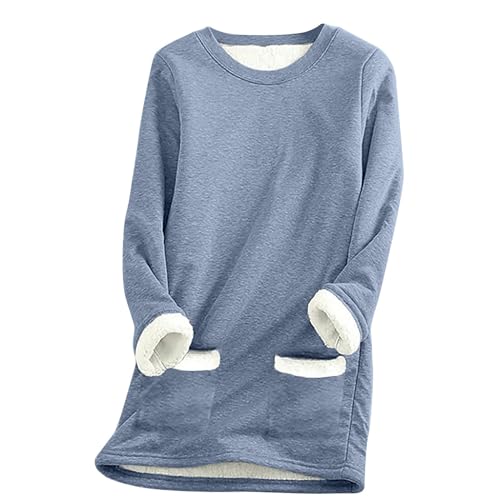 SPSMOKH Damen-Pullover mit Fleece-Futter, Winter, warmes Damen-Sweatshirt mit Tasche, einfarbiger Plüschpullover, Pullover, lässiger dicker Samt, kariertes Fleece-Oberteil (Marineblau, XXL) von SPSMOKH