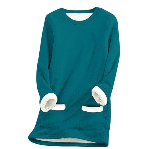 SPSMOKH Damen-Pullover mit Fleece-Futter, Winter, warmes Damen-Sweatshirt mit Tasche, einfarbiger Plüschpullover, Pullover, lässiger dicker Samt, kariertes Fleece-Oberteil (Marineblau-2, S) von SPSMOKH