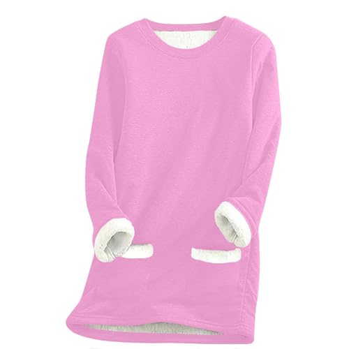 SPSMOKH Damen-Pullover mit Fleece-Futter, Winter, warmes Damen-Sweatshirt mit Tasche, einfarbiger Plüschpullover, Pullover, lässiger dicker Samt, kariertes Fleece-Oberteil (Rosa-1, L) von SPSMOKH