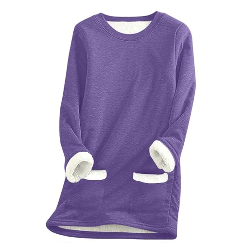SPSMOKH Damen-Pullover mit Fleece-Futter, Winter, warmes Damen-Sweatshirt mit Tasche, einfarbiger Plüschpullover, Pullover, lässiger dicker Samt, kariertes Fleece-Oberteil (Violett-2, L) von SPSMOKH