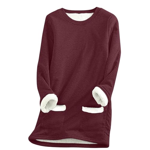 SPSMOKH Damen-Pullover mit Fleece-Futter, Winter-Sweatshirt mit Tasche, einfarbig, Plüschpullover, lässig, dicker Samt, kariertes Fleece-Oberteil (Dunkelweinrot, Größe 5XL) von SPSMOKH