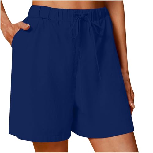 SPSMOKH Damen-Shorts aus Leinen mit Taschen, elastische Taille, Kordelzug, Fitness-Shorts, lässige Pyjama-Shorts, einfarbig, lockere Passform, für Fitness, Yoga, Strand, UK (Dunkelblau, L) von SPSMOKH
