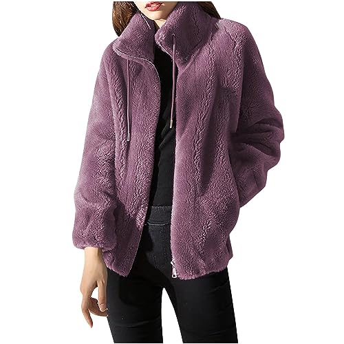 SPSMOKH Damen Teddy-Fleecejacke in Übergröße, durchgehender Reißverschluss, hoher Halsausschnitt, warmer Plüschmantel, Chambray-Reißverschluss, Damenmode, Violett mit Kordelzug, langärmelig SPSMOKH Damen Teddy-Fleecejacke in Übergröße, durchgehender Reißverschluss, hoher Halsausschnitt, warmer Plüschmantel, Chambray-Reißverschluss, Damenmode, Violett mit Kordelzug, langärmelig von SPSMOKH
