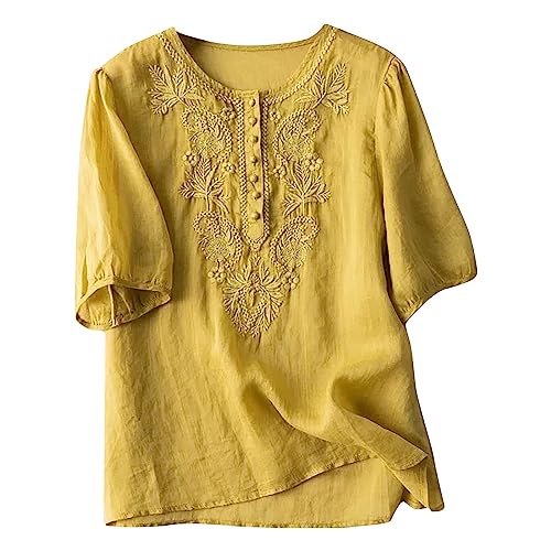SPSMOKH Damen-Tunika-Oberteil aus Baumwollleinen, V-Ausschnitt, Blumenstickerei, Spitze, kurze Ärmel, Schleife vorne, Bohemian-Stil, einfarbig, Übergröße, lässig, kurzärmelig, für Party, Alltag (TYPE SPSMOKH Damen-Tunika-Oberteil aus Baumwollleinen, V-Ausschnitt, Blumenstickerei, Spitze, kurze Ärmel, Schleife vorne, Bohemian-Stil, einfarbig, Übergröße, lässig, kurzärmelig, für Party, Alltag (TYPE von SPSMOKH