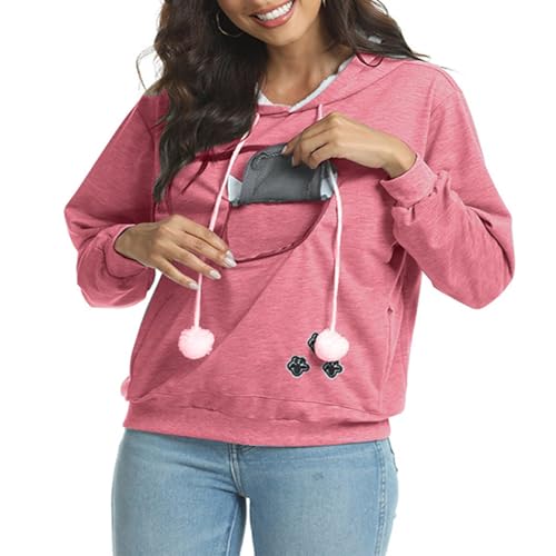 SPSMOKH Damen Übergroßer Haustier-Kapuzenpullover mit Tasche, Kängurutasche, lustiger Katzenhalter, Kapuzen-Sweatshirt für UK-Freizeitkleidung (Rot, L) von SPSMOKH