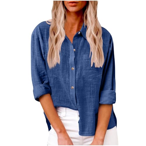 SPSMOKH Damen UK Elegant Solid Color Langarmshirt - Übergröße Baumwolle Leinen Button Down Bluse Loose Fit Business Büro Casual Tunika mit Taschen (Dunkelblau, 3XL) von SPSMOKH