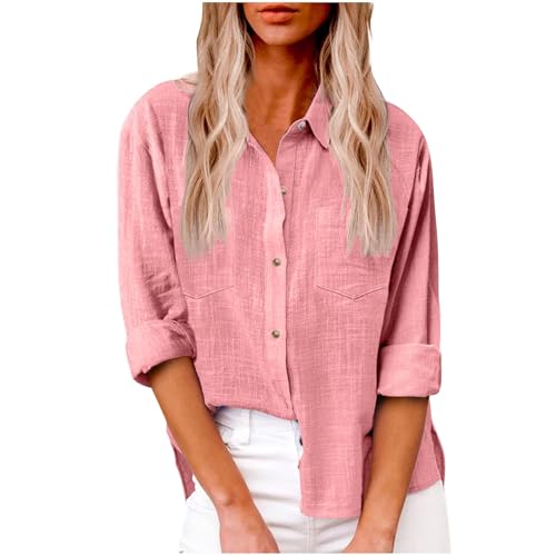 SPSMOKH Damen UK Elegant Solid Color Langarmshirt - Übergröße Baumwolle Leinen Button Down Bluse Loose Fit Business Büro Casual Tunika mit Taschen (Rosa, L) von SPSMOKH