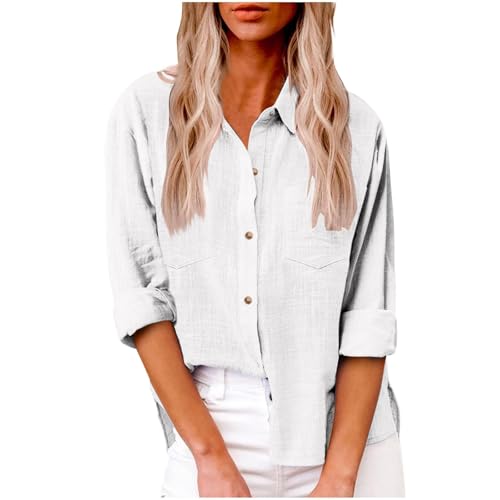 SPSMOKH Damen UK Elegant Solid Color Langarmshirt - Übergröße Baumwolle Leinen Button Down Bluse Loose Fit Business Büro Casual Tunika mit Taschen (Weiß, M) von SPSMOKH