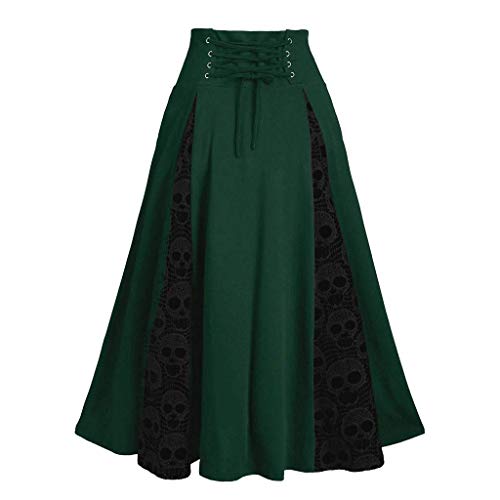 SPSMOKH Damen Vintage Gothic Rock Hohe Taille Spitze Patchwork Bandage Plissee Midi Rock Elastische Taille Steampunk Retro Viktorianisch Midi Pirat Vintage Steampunk Renaissance Halloween (#01 Grün von SPSMOKH