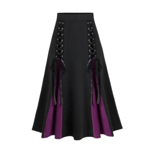 SPSMOKH Damen Vintage Gothic Rock Hohe Taille Spitze Patchwork Bandage Plissee Midi Rock Elastische Taille Steampunk Retro Viktorianisch Midi Pirat Vintage Steampunk Renaissance Halloween (Lila, M) von SPSMOKH