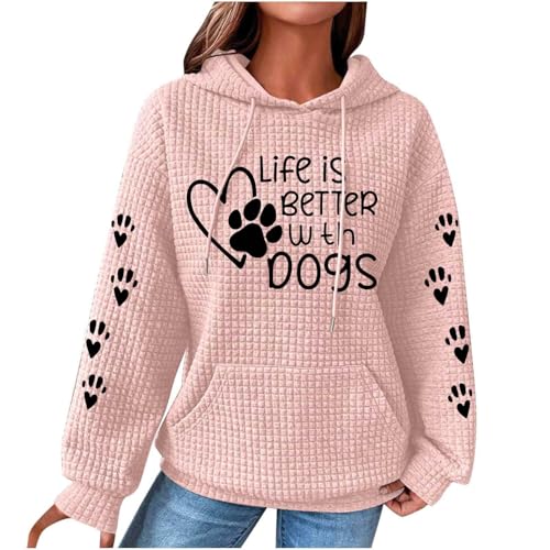 SPSMOKH Damen Waffelstrick Hoodie - Süßer Pfotenabdruck Sport Sweatshirt Langarm Casual Sweatshirt mit Life Is Better With Dogs Print Loose Fit Kapuzenpullover mit Tasche (Rosa, XXL) von SPSMOKH