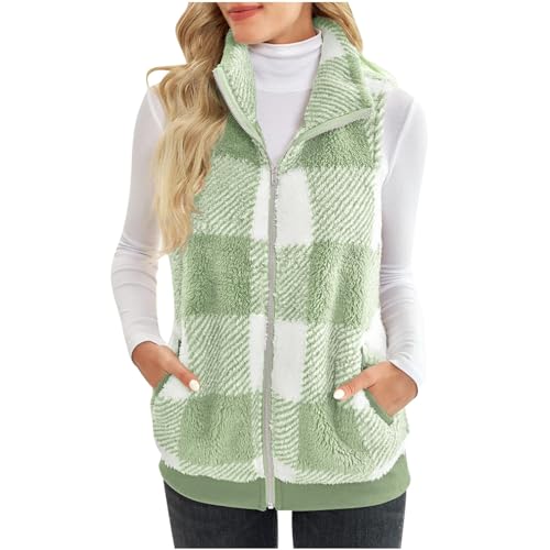SPSMOKH Damen-Weste, Teddy-Fleece, kariert, Sherpa-Weste, flauschige Weste, Körperwärmer, leicht, gemütlich, warm, flauschig, ärmellos, kariert (grün, L) von SPSMOKH