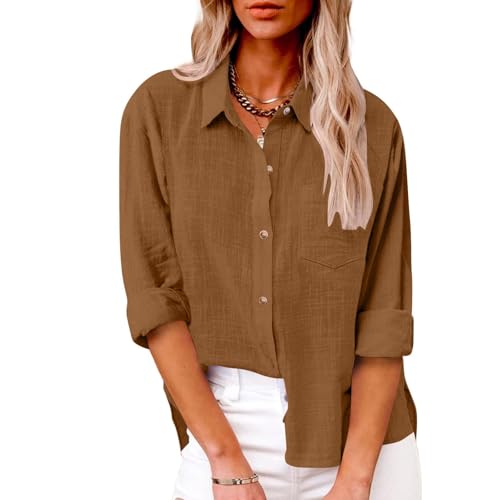 SPSMOKH Damenbluse aus Baumwollleinen, langärmelig, Button-Down-Shirt, für Büro, Arbeit, lässig, Tunika, Tops, übergroß, einfarbig, lockere Passform, elegante T-Shirts in Übergröße (04 Braun, S) SPSMOKH Damenbluse aus Baumwollleinen, langärmelig, Button-Down-Shirt, für Büro, Arbeit, lässig, Tunika, Tops, übergroß, einfarbig, lockere Passform, elegante T-Shirts in Übergröße (04 Braun, S) von SPSMOKH