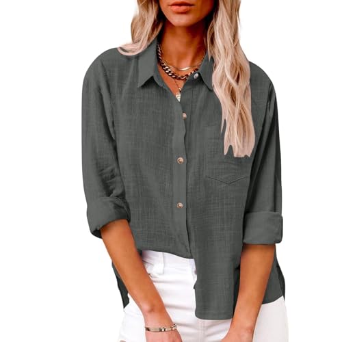 SPSMOKH Damenbluse aus Baumwollleinen, langärmelig, Button-Down-Shirt, für Büro, Arbeit, lässig, Tunika, Tops, übergroß, einfarbig, lockere Passform, elegante T-Shirts in Übergröße (04 Grau, S) SPSMOKH Damenbluse aus Baumwollleinen, langärmelig, Button-Down-Shirt, für Büro, Arbeit, lässig, Tunika, Tops, übergroß, einfarbig, lockere Passform, elegante T-Shirts in Übergröße (04 Grau, S) von SPSMOKH