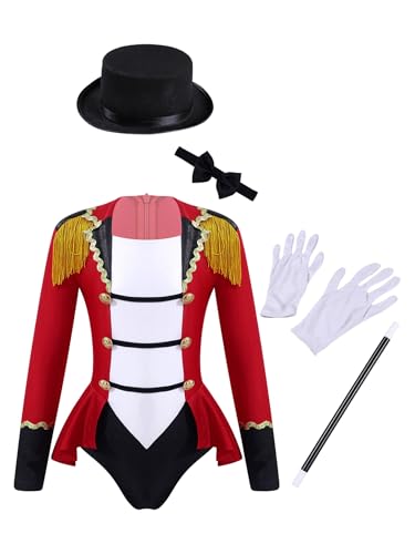 SPSMOKH Deluxe-Ringmeister-Kostüm für Mädchen, Frack mit Quaste und Zauberset, für Halloween, Cosplay, (Crimson, 5–6 Jahre) von SPSMOKH