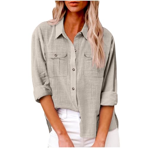 SPSMOKH Elegante Damenbluse mit Knopfleiste, langärmelig, übergroße Tunika, Oberteil mit Cargotaschen, einfarbig, lässig, Büro, Arbeit, Pullover, trendige T-Shirts (Khaki, XXL) von SPSMOKH