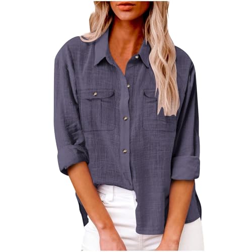 SPSMOKH Elegante Damenbluse mit Knopfleiste, langärmelig, übergroße Tunika, Oberteil mit Cargotaschen, einfarbig, lässig, Büro, Arbeit, Pullover, trendige T-Shirts (Lila, M) von SPSMOKH