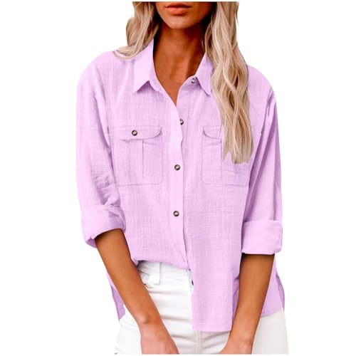 SPSMOKH Elegante Damenbluse mit Knopfleiste, langärmelig, übergroße Tunika, Oberteil mit Cargotaschen, einfarbig, lässig, Büro, Arbeit, Pullover, trendige T-Shirts (Pink - 02, L) von SPSMOKH