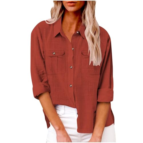 SPSMOKH Elegante Damenbluse mit langen Ärmeln, Knopfleiste, übergroße Tunika, Oberteil mit Cargotaschen, einfarbig, lässig, Büro, Arbeit, Pullover, trendige T-Shirts (Rot, XXL) von SPSMOKH