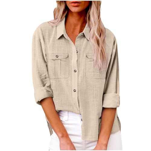 SPSMOKH Elegante Langarmbluse für Damen, Knopfleiste, übergroße Tunika, Oberteil mit Cargotaschen, einfarbig, lässig, Büro, Arbeit, Pullover, trendige T-Shirts (Beige, S) von SPSMOKH