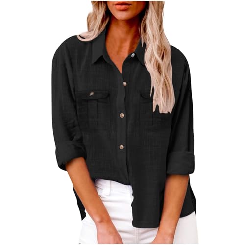 SPSMOKH Elegante Langarmbluse für Damen, Knopfleiste, übergroße Tunika, Oberteil mit Cargotaschen, einfarbig, lässig, Büro, Arbeit, Pullover, trendige T-Shirts (Schwarz, L) von SPSMOKH