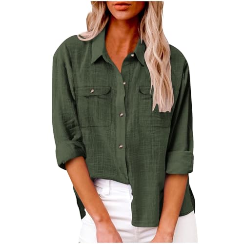 SPSMOKH Elegante Langarmbluse für Damen, Knopfleiste, übergroße Tunika, Oberteil mit Cargotaschen, einfarbig, lässig, Büro, Arbeit, trendiges T-Shirt (Armeegrün, M) von SPSMOKH