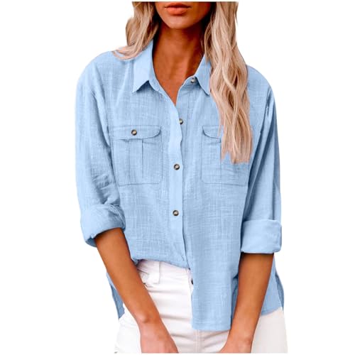 SPSMOKH Elegante Langarmbluse für Damen, Knopfleiste, übergroße Tunika, Oberteil mit Cargotaschen, einfarbig, lässig, Büro, Arbeit, trendiges T-Shirt (Hellblau, S) von SPSMOKH