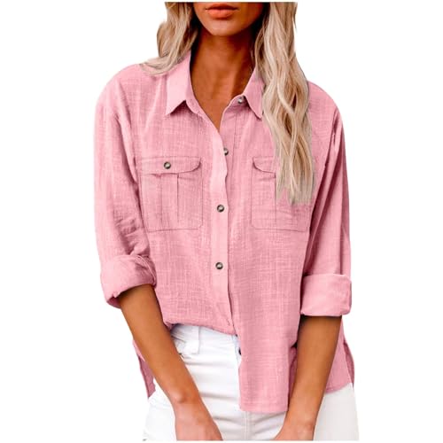 SPSMOKH Elegante Langarmbluse für Damen, Knopfleiste, übergroße Tunika, Oberteil mit Cargotaschen, einfarbig, lässig, Büro, Arbeit, trendiges T-Shirt (Rosa, S) von SPSMOKH