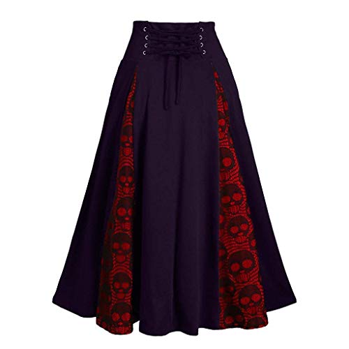 SPSMOKH Frauen Vintage Gothic Rock Hohe Taille Spitze Patchwork Bandage Plissee Midi Rock Elastische Taille Steampunk Retro Viktorianisch Midi Pirat Vintage Steampunk Renaissance Halloween (#01 Purple von SPSMOKH
