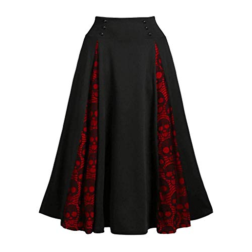 SPSMOKH Frauen Vintage Gothic Rock Hohe Taille Spitze Patchwork Bandage Plissee Midi Rock Elastische Taille Steampunk Retro Viktorianisch Midi Pirat Vintage Steampunk Renaissance Halloween (#01 von SPSMOKH