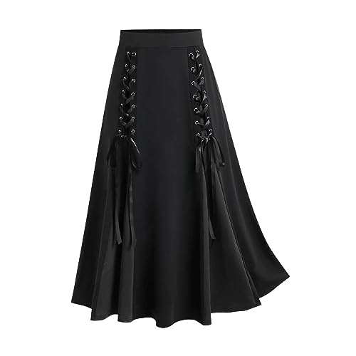 SPSMOKH Frauen Vintage Gothic Rock Hohe Taille Spitze Patchwork Bandage Plissee Midi Rock Elastische Taille Steampunk Retro Viktorianisch Midi Pirat Vintage Steampunk Renaissance Halloween (Schwarz von SPSMOKH
