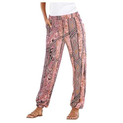 SPSMOKH Haremshose für Damen, Bohemian-Stil, Retro-Blumendruck, hohe Taille, plissierter Bund, Tasche, Freizeithose, lockere Yogahose, lässig, Sommer, Strand, Leinenhose (#A05, M) von SPSMOKH