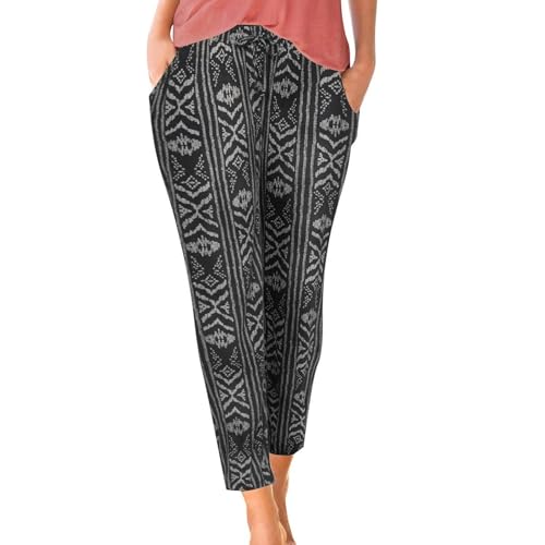 SPSMOKH Haremshose für Damen, Bohemian-Stil, Retro-Blumendruck, hohe Taille, plissierter Bund, Tasche, Freizeithose, lockere Yogahose, lässig, Sommer, Strand, Leinenhose (#A08, XL) von SPSMOKH