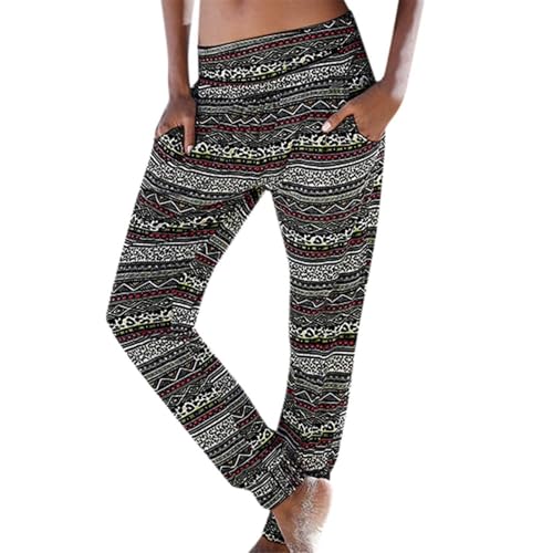 SPSMOKH Haremshose für Damen, Bohemian-Stil, Retro-Blumendruck, hohe Taille, plissierter Bund, Tasche, Freizeithose, lockere Yogahose, lässig, Sommer, Strand, Leinenhose (#A12, S) von SPSMOKH