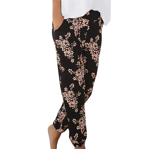 SPSMOKH Haremshose für Damen, Bohemian-Stil, Retro-Blumendruck, hohe Taille, plissierter Bund, Tasche, Freizeithose, lockere Yogahose, lässig, Sommer, Strand, Leinenhose (#A14, L) von SPSMOKH