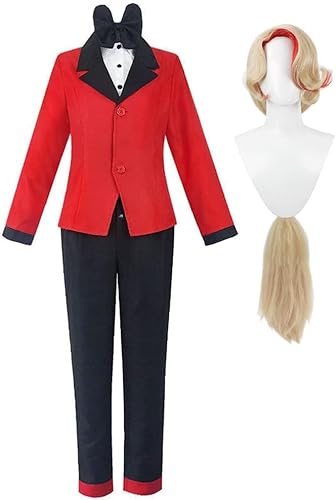 SPSMOKH Hazbin Hotel Cosplay Charlie Dress Full Set Kostüm Charlie Morningstar Uniform Anzug Comic-Con Rollenspiel Outfit Halloween Karneval Verkleidung Party (Typ 2+Perücke, S) von SPSMOKH