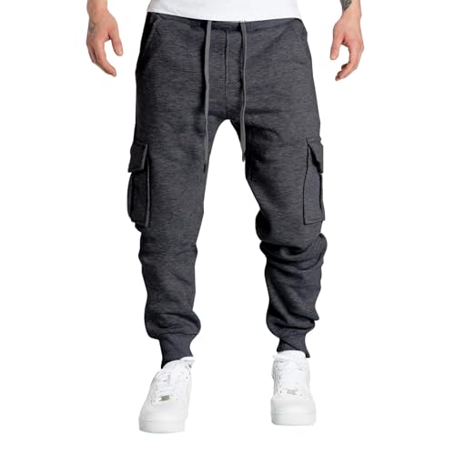 SPSMOKH Herren-Cargo-Jogginghose, Kordelzug, elastische Taille, Trainingshose mit Taschen, Baumwolle, lässig, gerades Bein, für Fitnessstudio, Joggen, Freizeit, Alltag (A1 Dunkelgrau, M) von SPSMOKH