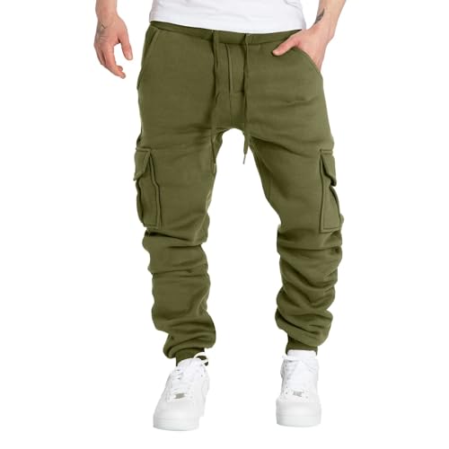 SPSMOKH Herren Cargo Jogginghose - Kordelzug Elastische Taille Trainingshose mit Taschen Baumwolle Casual Straight-Leg Hose für Gym Jogging Freizeit Alltag (A1 Armeegrün, M) von SPSMOKH