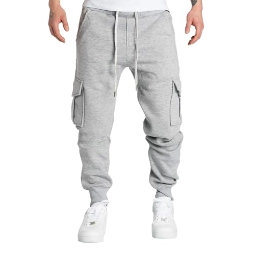 SPSMOKH Herren Cargo Jogginghose - Kordelzug Elastische Taille Trainingshose mit Taschen Baumwolle Casual Straight-Leg Hose für Gym Jogging Freizeit Alltag (A1 Grau, XL) von SPSMOKH